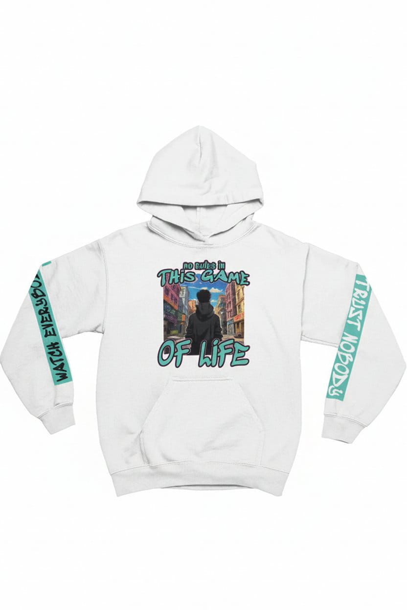 White hoodie with graphic design and text on a white background